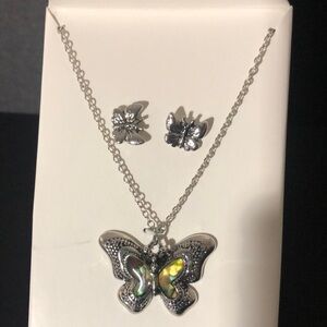 Silver tone faux abalone butterfly necklace and earrings set